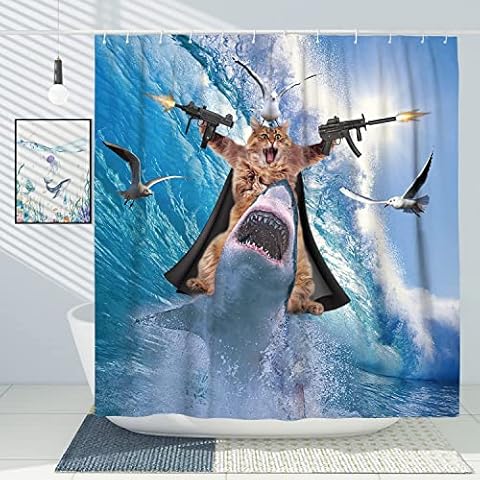 DESIHOM Funny Cat Tall Shower Curtain Set Cat Riding Shark Theme Ocean Shower Curtains for Bathroom Fun Nautical Kids Bathroom Decor Polyester Fabric-72" x 78" Cover