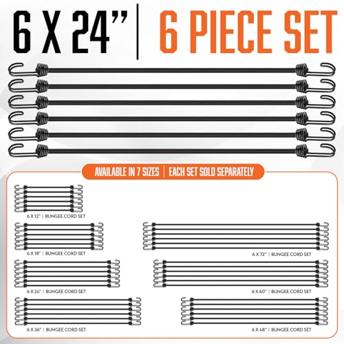 Image of 24 Inch Bungee Cords with Hooks - 6Pcs Bungie Set Heavy Duty Outdoor | Black Bunjee Chords 2 ft - Strong Bungee Straps UV & Weather Resistant - Rubber Bungy Cords 200lb Strength