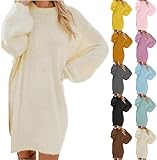 Robe Manche Longue Femme, Robe Pull Femme Hiver Manche Longue Chic Et Elegant Robes Longues Femmes Grande Taille Chaude Sexy Dress Oversize Jupe Couleur Unie Col Rond Beige, M