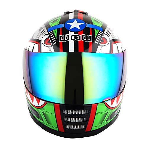 WOW Motorcycle Full Face Helmet Street Bike BMX MX Youth Kids Shark Green; Size M (19.7/20.3 Inch)
