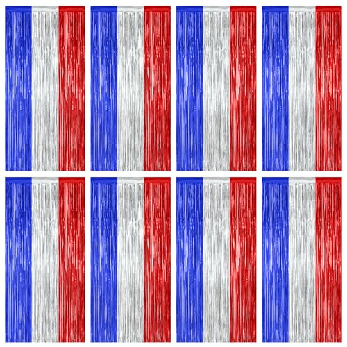 8 Pack 4th of July Photo Backdrop, 3.28 FT x 7.08 FT Fourth of July Decorations, Metallic Blue Silver Red Patriotic Tinsel Backdrop Foil Curtains, Patriotic Independence Day Decorations