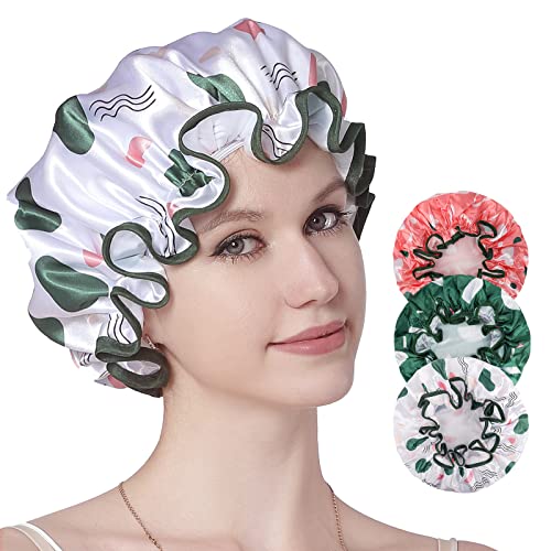 YIZIJIZI Shower Cap, Shower Cap for Women 3 PACK, reusable shower cap，Large Waterproof Hair Cap, EVA Lining with Adjustable Elastic Band for All Hair Lengths (Dots and lines)