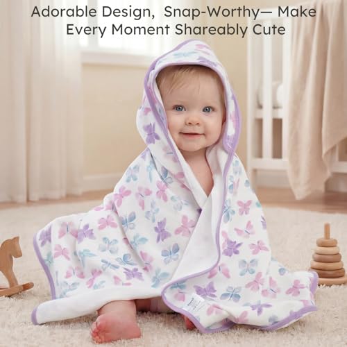 Image of Baby Girl Bath Towels for Newborn, 100% Cotton Hooded Baby Towels for Infant Toddler, 2 Pack Bath Towels with Hood for Kids, 32x32 Inch Soft & Absorbent Knit Terry Bath Essentials Pink Rainbow