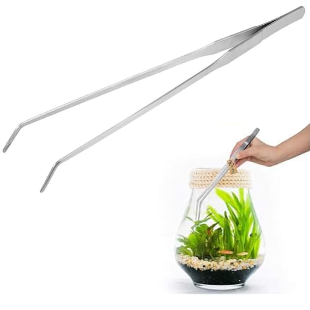 15-Inch Extra Long Curved Aquarium Tweezers – 304 Stainless Steel, Rust-Proof For Fish Tank & Reptile Feeding