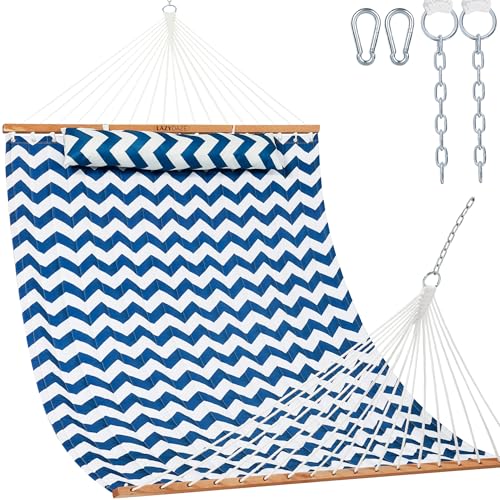 Image of Lazy Daze Hammocks 12FT Quilted Fabric Double Hammock with Spreader Bars and Detachable Pillow, 2 Person Hammock for Outdoor Patio Backyard Poolside, 450 LBS Weight Capacity, Blue Chevron Stripe