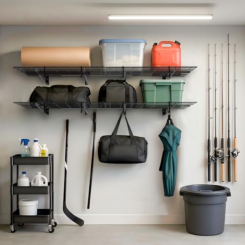 Image of 2 Packs Garage Wall Shelving, 72 inchx 24 inch Heavy Duty Wall Shelf Capacity 800LBS Total, Wall Mounted Storage Shelves with Hooks