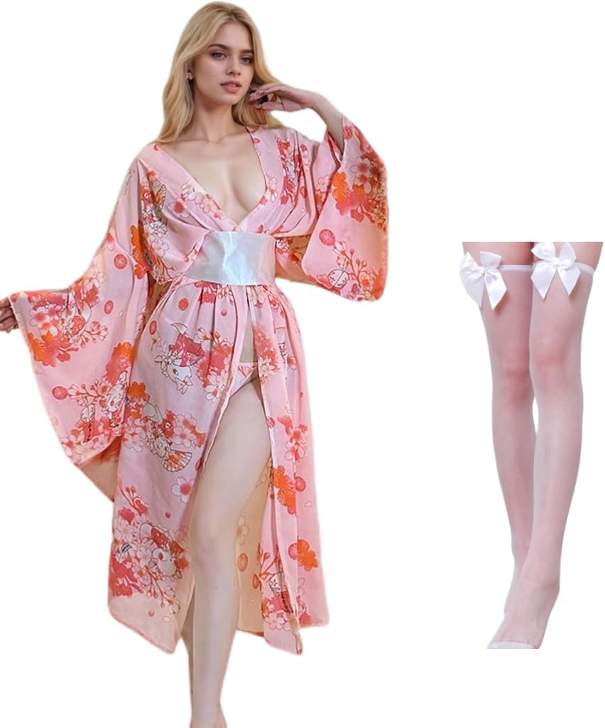 Women Kimono Bathrobe Japanese Sexy Lingerie Sets with Soft Fabrics V Neck Kimono Robe Sleepwear