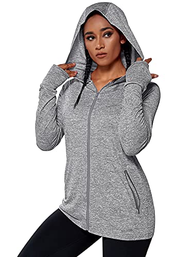 Maintain Vigour Mid Length Lightweight Jacket,Full Zip Up Track Workout Yoga Athletic Hooded Hoodie with Pockets(Zipper-Light Grey,X-Large)