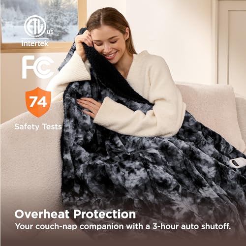 Image of Bedsure Faux Fur Heated Blanket Throw Blanket, Fast Heating Electric Blanket with 6 Heating Levels & 4 Time Settings, Cozy Gifts for Women Men (50x60 inches, Black)
