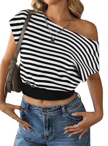 Image of SOFIA'S CHOICE One Shoulder Striped Shirt Women Crop Top Dolman Short Sleeve Asymmetrical Cinched Waist Tops Black White Large