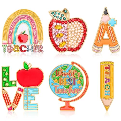 Image of 6PCS Teacher Pins,Back to School Pins Brooches Appreciation Gifts Teacher Lapel Appreciation Label Badges Last Day of School Pin for Teachers Students Clothes Bags Hats Backpack