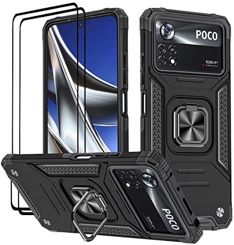 KANSi Funda para Xiaomi Poco X4 Pro 5G, Cristal Vidrio Templado [2 Piezas] Capa Anillo iman Soporte Hard PC y Silicona TPU Antigolpes Armor Carcasa - Negro