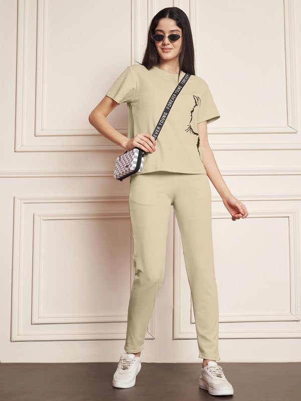 Image of DTR FASHION Polyester Blend Cat Sketch Print Tracksuit | Night Wear Suit For Women