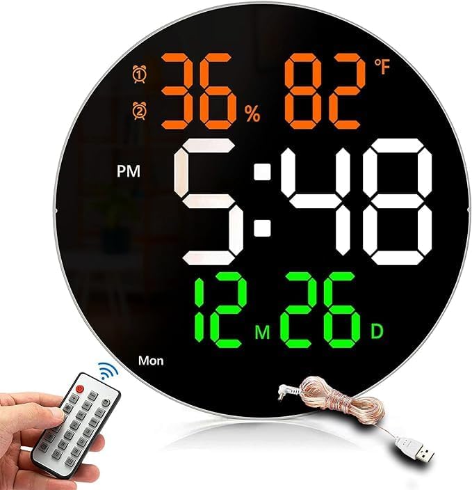 Image of LED Digital Wall Clock Hanging, Auto-Adjustable Brightness, Easy to Read at Night12 /24Hr Auto-Adjustable Brightness Temperature,for Bedroom,Living Room,Office.