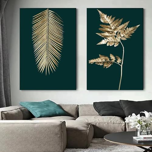 Peinture moderne de plantes vertes dorées pour décoration de salon chic - 3