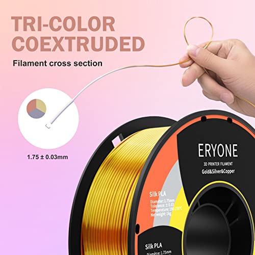 Image of ERYONE Silk Tri Color PLA Filament 3D Printer 1.75mm + /- 0.03mm, Multicolor Filament Tricolor PLA 1KG(2.2lbs) Cardboard Spool, Gold Silver Copper
