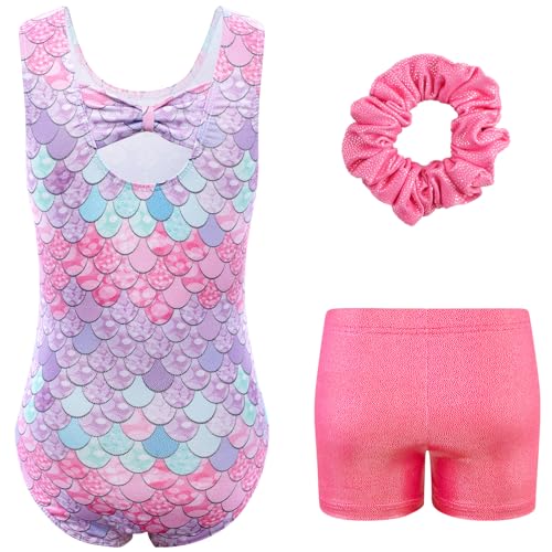HOZIY Girls Gymnastics Leotards Outfits Sparkly Bow Back Unitards Biketard with Tumbling Shorts Hair band Kids 3-10 Years