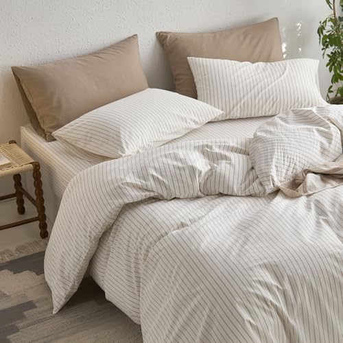 Image of MooMee Striped Duvet Cover Set 100% Washed Cotton Linen Like Oversized Full | Relaxed Linen-like Texture. Soft, Breathable & Long-lasting Comfort. Lightweight. Hidden Zipper with 8 Interior Corner Ties