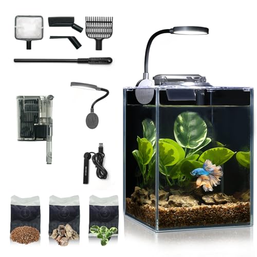 Desktop Betta Kleines Aquarium Glasaquarium 5 Liter Komplettset 15x15x20, Selbstreinigendes Filtersystem, Helles LED-Licht, Kies, Pflanze, Reinigungswerkzeug, Starter-Set für kleine Räume