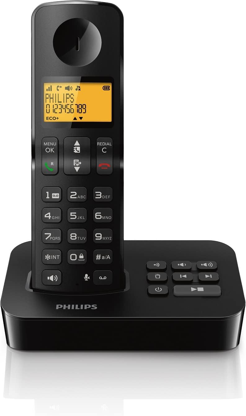 PHILIPS Teléfono Inalambrico Casa D2651B/01 Single - Teléfono Fijo con Contestador Automático - Pantalla de 1'6 Pulgadas - Agenda - Reconocimiento de Números - Amplio Alcance - Negro