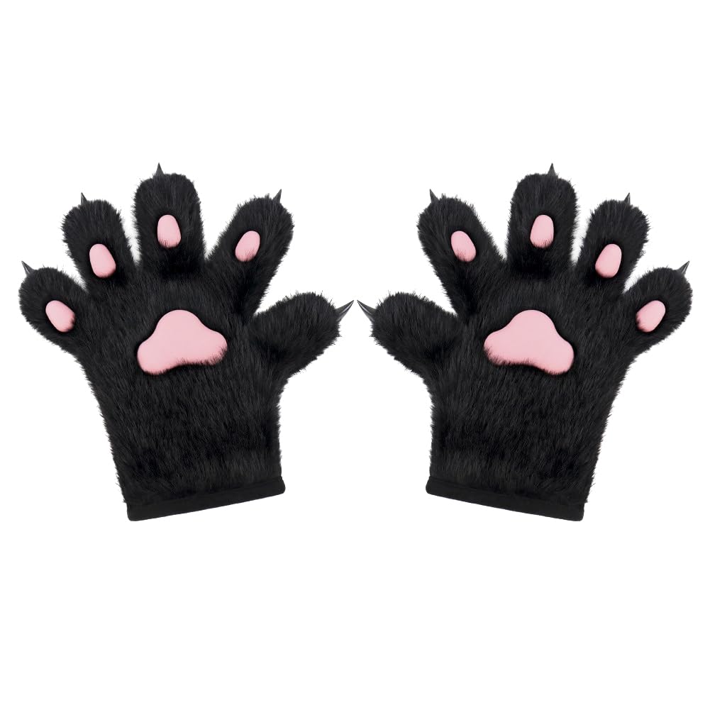 Furry Cat Claw Glove Faux Fur Plush Animal Paw Glove Hand Paws Mittens Halloween Costume Cosplay Costume (Black Pink, one size) - Image 2