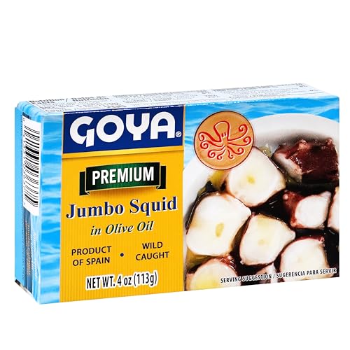Jumbo Canned Squid by Goya, Canned Seafood, Tinned Squid, Octopus Style Squid Pieces in Olive Oil, 4oz. Can