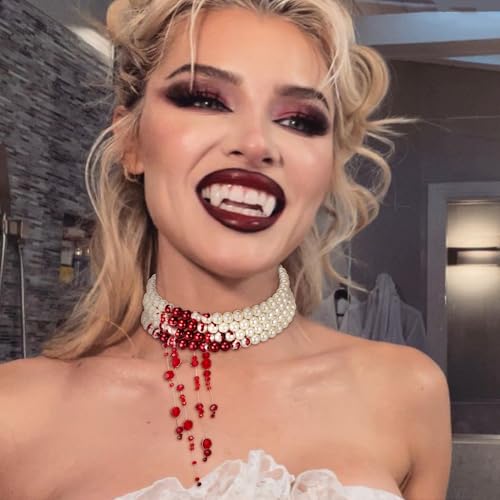Flyonce Dripping Blood Choker Necklace, Cream Imitation Pearl Vampire Kiss Necklaces Halloween Bloody Costume Jewelry for Cosplay Party3