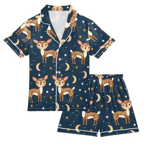 ALAZA Deer Star Moon Navy Blue Pajamas Satin Pajama Set Short Sleeve Button Down Sleepwear