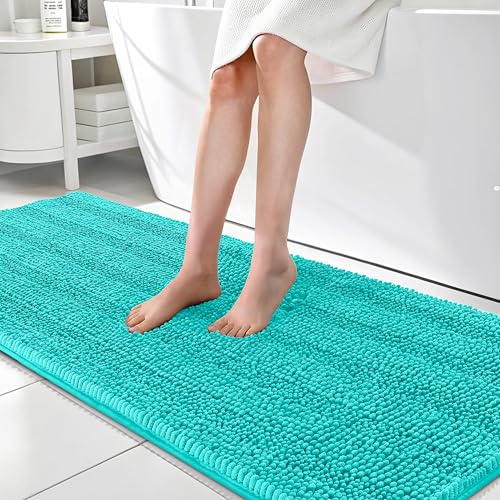 Image of OLANLY Thick Bathroom Runner Rugs 70x24, Absorbent Chenille Striped Bath Rugs, Rubber Backing, Machine Wash Dry, Extra Long Bath Mats for Bathroom Floor, Tub and Shower, Home Decor Accessories, Teal