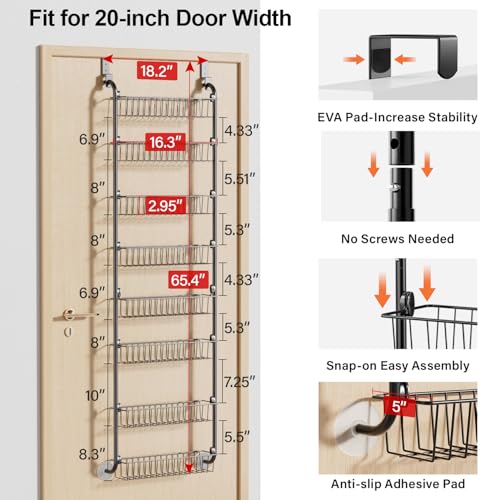 Image of Delamu Over The Door Pantry Organizer, 8-Tier Pantry Door Organizers and Storage, Metal Hanging Spice Rack, Seasoning Organizer, Door Organizer for Home Kitchen Bathroom, Black