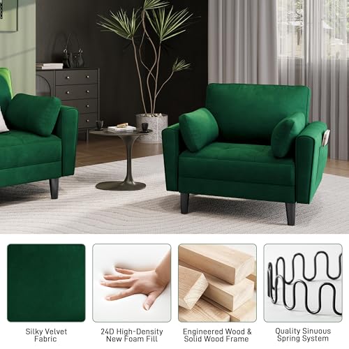 Yaheetech Tub Chair Tufted Oversized Armchair with 2 Pillows Fabric Accent Sofa with Side Storage Pockets for Living Room, Bedroom, Reading Nook Velvet Fabric Green - Image 7