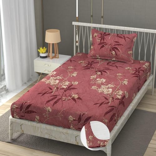 Image of Premium Heavy Cotton Elastic Fitted Bedsheets with 1 King Size Pillow Covers | Single Bed with All Around Elastic 350 TC | 36 x 78 x 6 Inch Single Size Fitted | - Maroon Flower