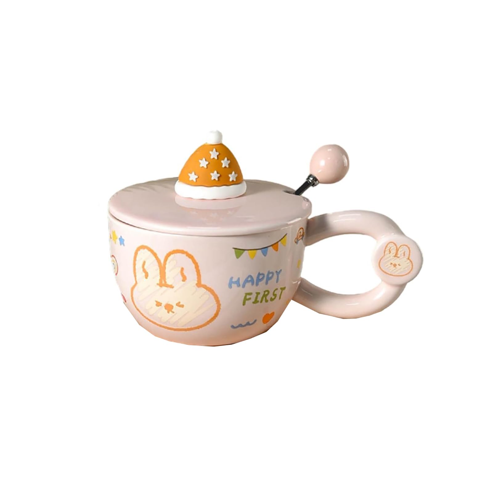 Taza de desayuno de cerámica de 400 ml a 382.7 g con tapa y cuchara que puede calentar la taza de avena, color rosa, 400 ml