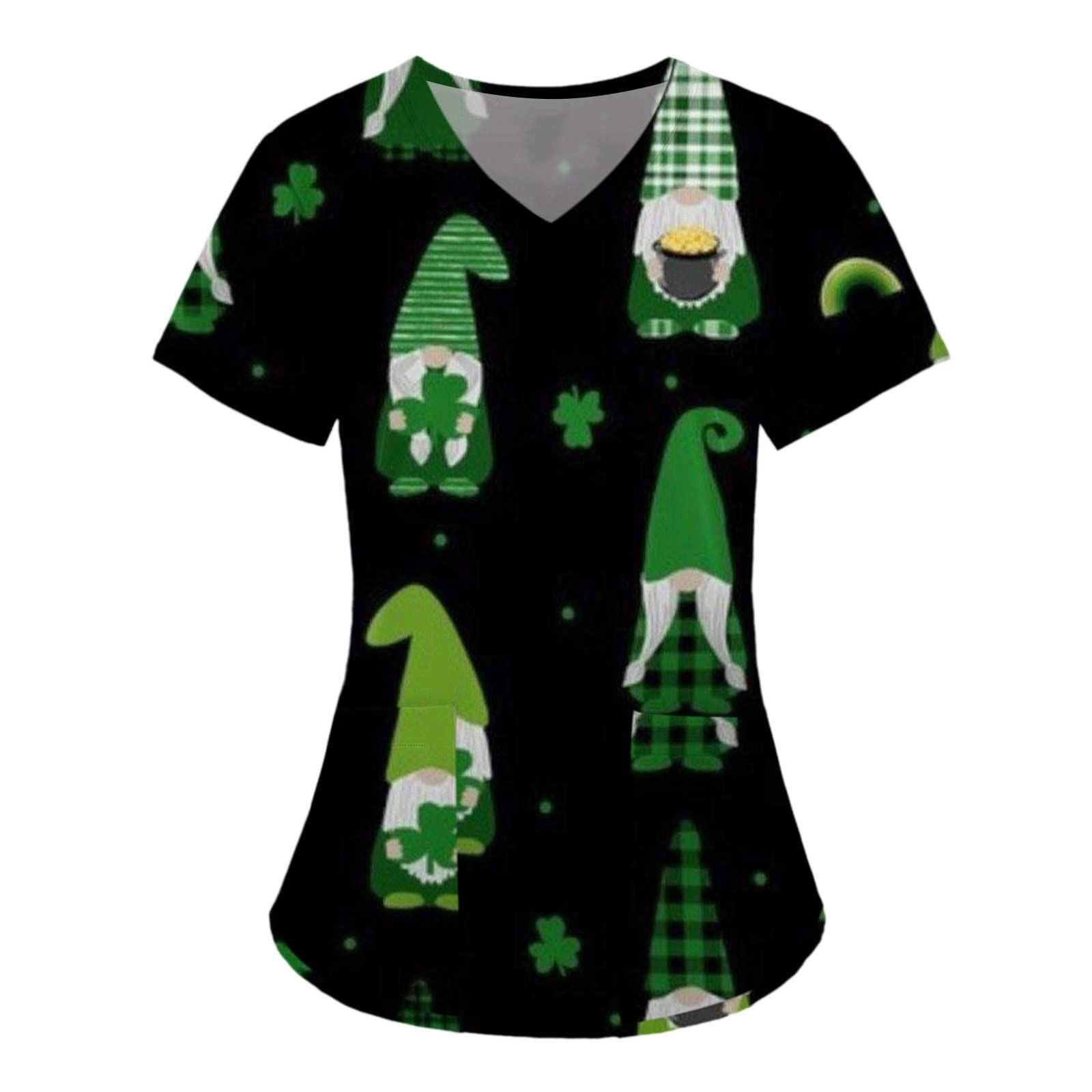 Mzkdieey St Patricks Day Women Scrubs Tops V Neck Short Sleeve Shamrock Print Nursing Uniform Scrubs Shirts with