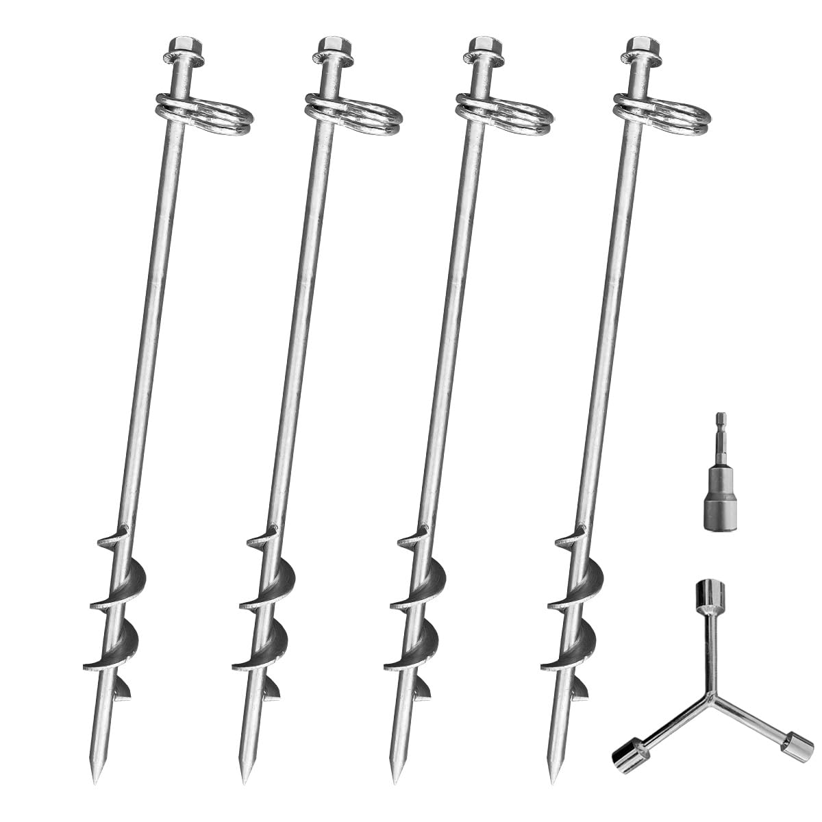 Ground Anchors Screw in - 16 Inch Set of 6 - Tent Stakes Heavy Duty Double Arbitrary Direction Galvanized Kits for Swing and Trampoline Set High Wind Solid Metal Hex Head Dog Tie Out Stake (6)