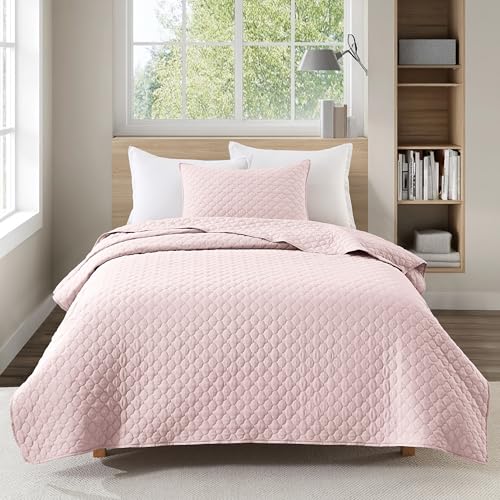 HORIMOTE HOME Quilt Twin Size Light Pink Lightweight Quilt for Summer Ultra-Soft Microfiber Modern Style Quilted Clouds Pattern Bedspread Quit Set 2 Pieces (1 Quilt and 1 Pillow Sham)