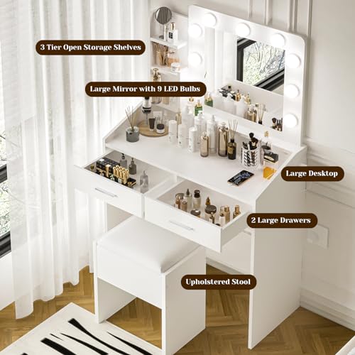 GarveeHome Vanity Desk with Mirror and Lights, Makeup Vanity with Power Outlet & Cushioned Stool, 3 Lighting Modes Adjustable Brightness, Dressing Table with Hairdryer Holder for Bedroom, White