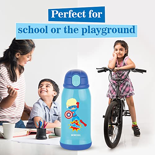 Image of Borosil Superhero 500 ml Stainless Steel Kids Sipper Water Bottle | Double Wall Vacuum Insulated Flask | 12 Hours Hot & Cold | Leakproof, BPA Free | 1 Year Warranty, Blue