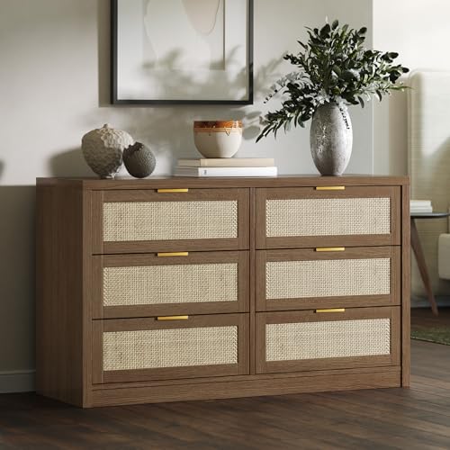 6 Drawer Dresser for Bedroom, 52.7" Wide Rattan Dresser, Wooden with Gold Handles, Farmhouse Tv Stand Entryway Table, Modern Chest of Drawers for Living Room, Entryway