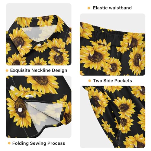 Image of Sunflower Floral Yellow Black Short Sleeve Hawaiian Button Down Shirts and Short Sets for Boys Toddler Summer Outfits