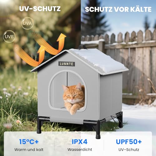 Outdoor Katzenhaus mit Erhöhten Design, Wasserdicht Katzenhaus für Draußen, Warm Hundehöhle mit Türvorhang, Waschbar Hundehaus Tierheim Für Streuner Haustiere (34x40x47cm, Grau)