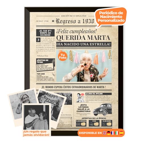 Periódico de cumpleaños 1938 – póster personalizado año nacimiento con foto, nombre y mensaje – regalo original para hombre o mujer 87 años – estilo vintage con marco opcional – recuerdo inolvidable