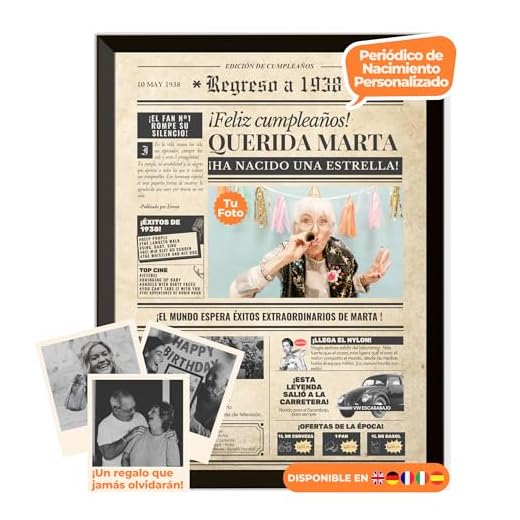Periódico de cumpleaños 1938 – póster personalizado año nacimiento con foto, nombre y mensaje – regalo original para hombre o mujer 87 años – estilo vintage con marco opcional – recuerdo inolvidable