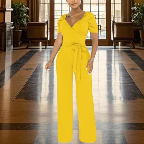 Image of PaladMom Womens Elegant Plus Size Jumpsuits Sexy Back zipper Short Sleeve Mid Waist Wide Leg Straight Rompers