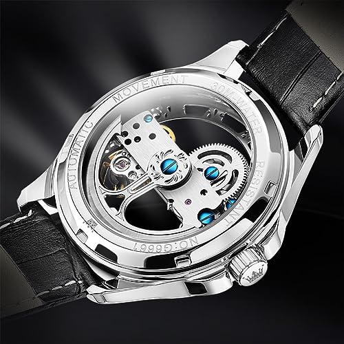 Image of OLEVS Mechanical Dress Mens Watches Square Brown Leather Strap Moon Phase Skeleton Tourbillion Day Date Waterproof Luminous Men's Wrist Watches