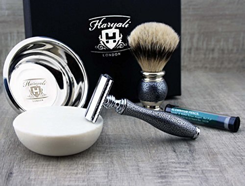 Haryali London Antiquheit srebrny zestaw do golenia – 5-częściowy zestaw do golenia – podwójna maszynka do golenia – szczotka do golenia z włosia borsuka – mydło do golenia i miska do golenia – ołówek