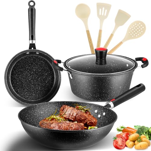 La Mejor Recopilación de Sarten wok - los más vendidos. 44 Juego de Ollas y Sartenes Antiadherente Chef Set, 8 Piezas Sartén para Freír de Grandes, Utensilios de Cocina de Granito sin PFOA, Batería de Cocina para Todo Tipo de Estufas