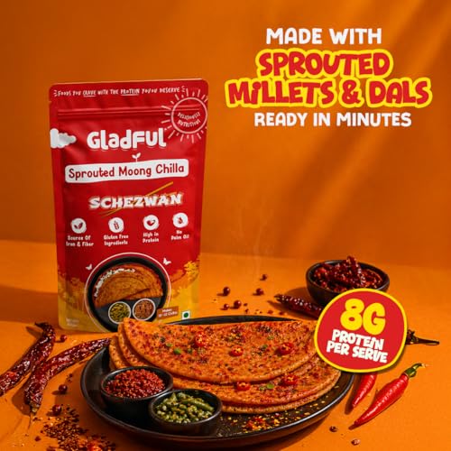 Image of Gladful Schezwan Chilla Mix - Low GI, Diabetes-Friendly & Gluten-Free - No Maida, Palm Oil & Trans-Fat - Vegan & High-Protein Chilla /Dosa Mix - Anytime Snack for Kids & Family - Pack of 1 (200g)