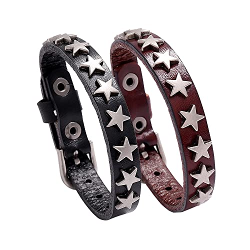 YWMAN 2 PCS Gothic Pentagram Studded Bracelet - Vintage Leather Star Wristband Cuff - Rock Wrist Strap Buckle Jewelry for Men