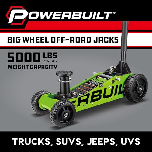 Image of Powerbuilt 2.5 Ton Big Wheel Off Road Jack, Vehicle Lift for Trucks, SUVs, ATVs Offroad Vehicles, Oversized Wheels for Rugged Terrain, 5000 LB Capacity, Green 620624ECE